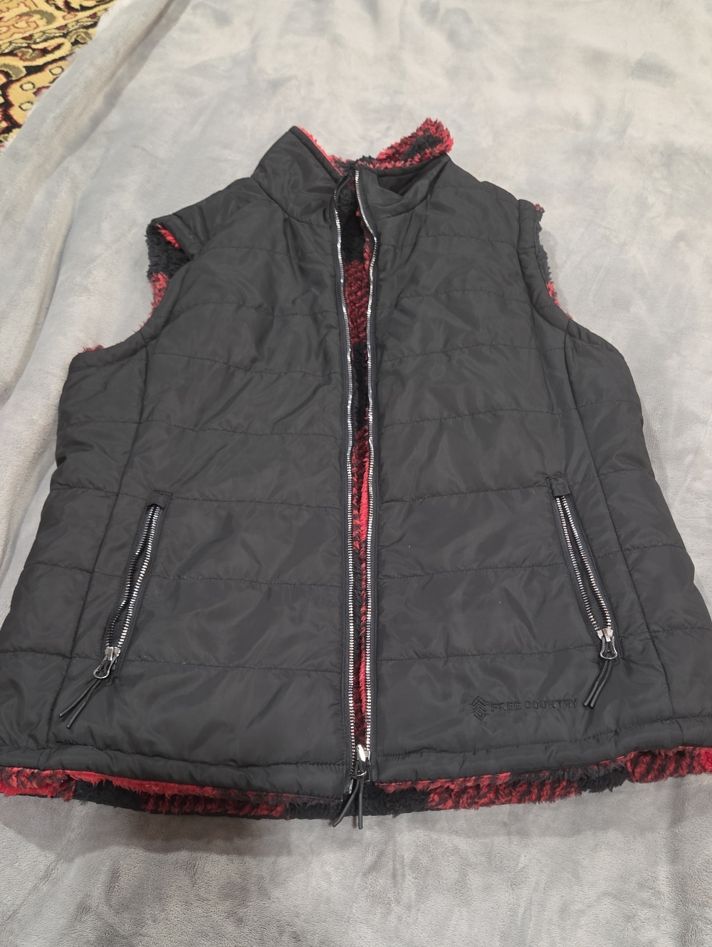 Free Country Black Quilted Vest with Red Sherpa Trim